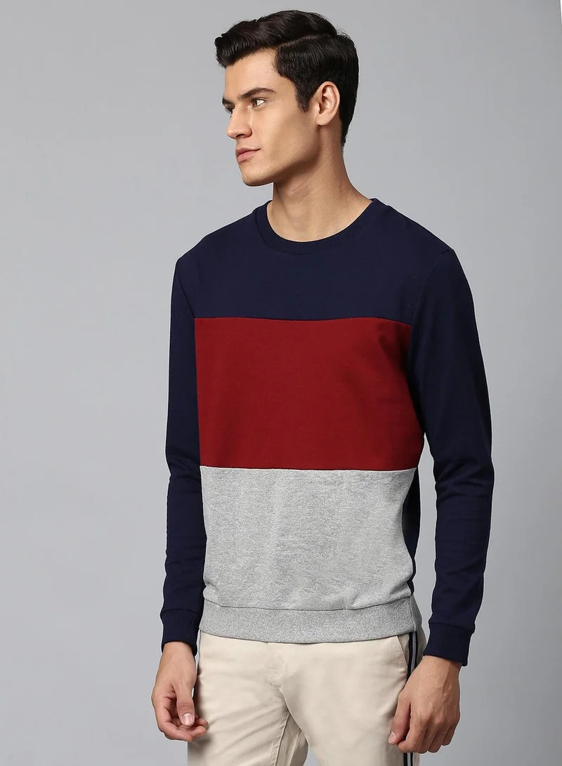 Regular Fit Navy Sweatshirt for Men - Polycotton, Colourblocked, Crew Neck, Full Sleeves, Casual Look