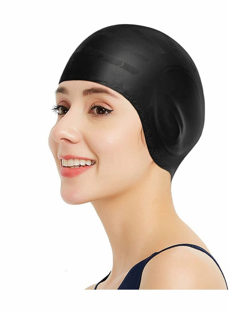 KASTWAVE Cover Ears Swimming Cap Bathing Hat Silicone Waterproof Black Comfortable Silicone Swimming Cap Adult Waterproof Swim Hat With Anti-Tear Ergonomic Design Ear Pocket - Image 1