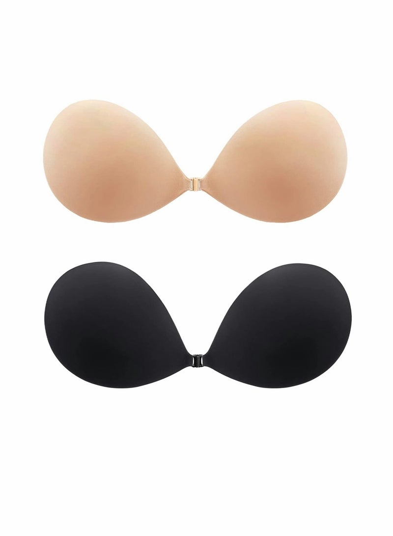 Adhesive Bra Invisible Sticky Strapless Push up Backless Reusable Silicone Covering Nipple Bras, Suitable for B Cup (Black + Skin Color) - Image 1