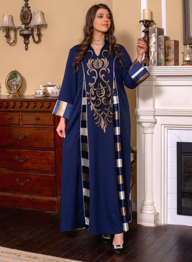 تايك تو Navy Blue with Gold Sequin Embroidery Maxi Jalabiya