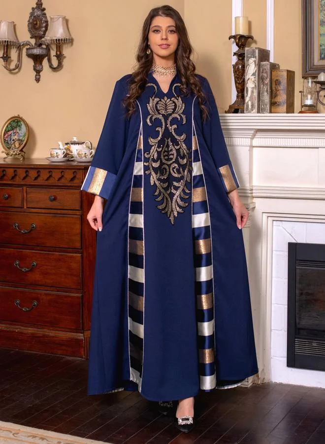 تايك تو Navy Blue with Gold Sequin Embroidery Maxi Jalabiya