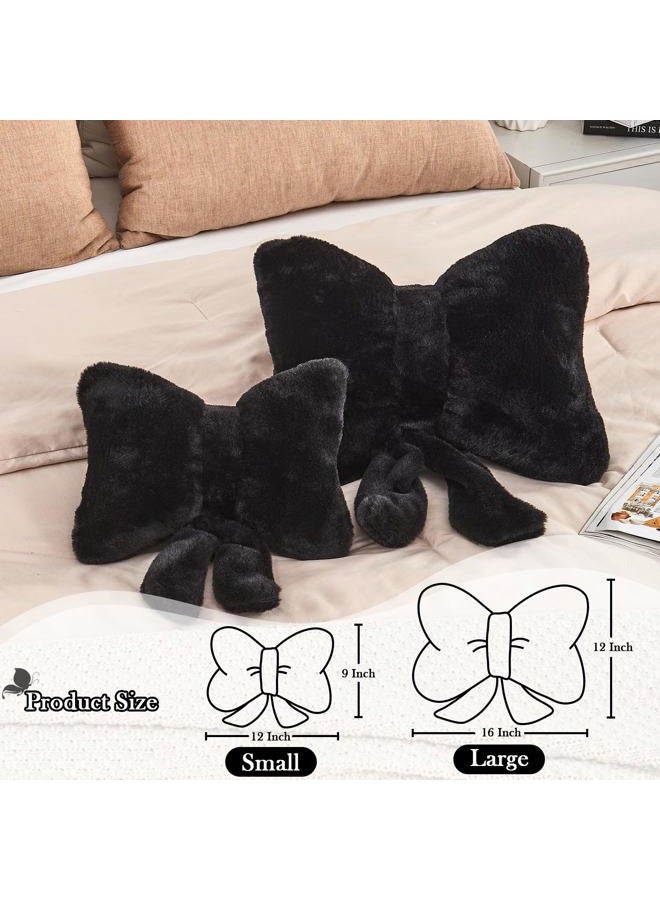 XVTRU Black Bow Pillow, Soft Bow Decorative Pillows with Faux Rabbit Fur, Cute 12" Bow Throw Pillows, Aesthetic Home Decor Bow Shaped Plush Pillow for Bedroom Sofa Couch - Image 2
