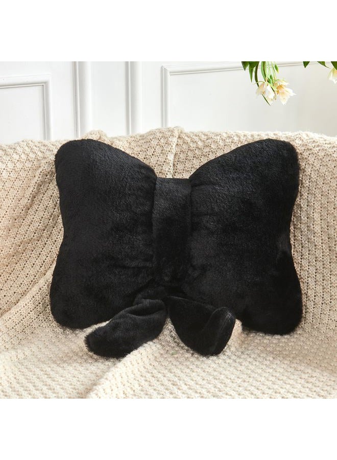 XVTRU Black Bow Pillow, Soft Bow Decorative Pillows with Faux Rabbit Fur, Cute 12" Bow Throw Pillows, Aesthetic Home Decor Bow Shaped Plush Pillow for Bedroom Sofa Couch - Image 1