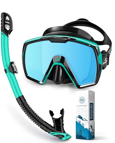 Freela Adult Dry Snorkel Set Scuba Diving Mask with Mirrored Blue Len Tempered Glass 180 Wide View Anti Fog No Leak Snorkeling Gear for Men Women Youth with Nose Cover for Breathing Swimming Diving - Image 1
