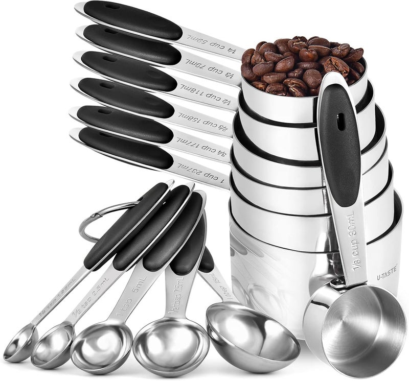 U-Taste Measuring Cups and Spoons Set: 18/8 Stainless Steel 12 Pieces Metal Stacking Kitchen Baking Cooking Food Measure Set 7 Cups 5 Spoons with Strengthened Weld Joints (Black, Upgraded Version) - Image 1