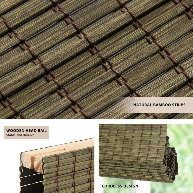 LazBlinds No Tools No Drill Cordless Bamboo Roman Shades, Privacy Window Treatment, Roll Up Bamboo Blinds for Windows 21'' W x 64'' H, Driftwood - Image 2