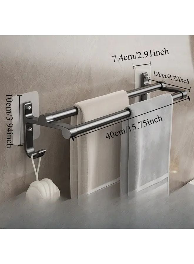 Bright Silvery No Drill Double Bar Towel Rack Wall Mounted With Hooks - Image 5
