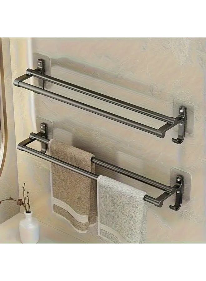 Bright Silvery No Drill Double Bar Towel Rack Wall Mounted With Hooks - Image 3