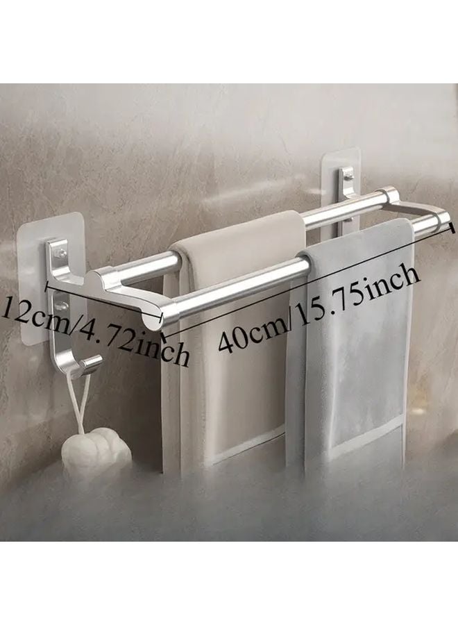Bright Silvery No Drill Double Bar Towel Rack Wall Mounted With Hooks - Image 1