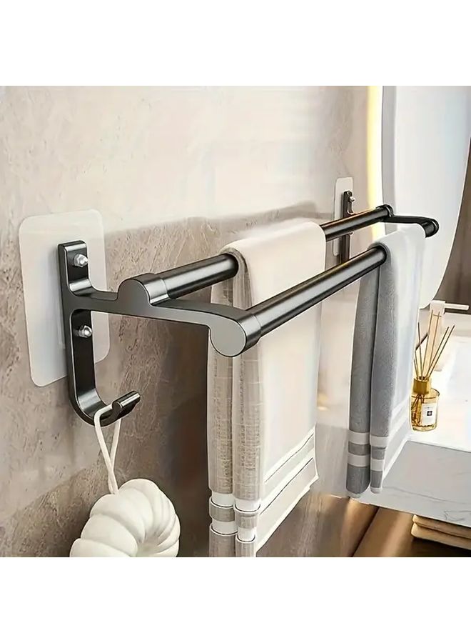 Bright Silvery No Drill Double Bar Towel Rack Wall Mounted With Hooks - Image 2