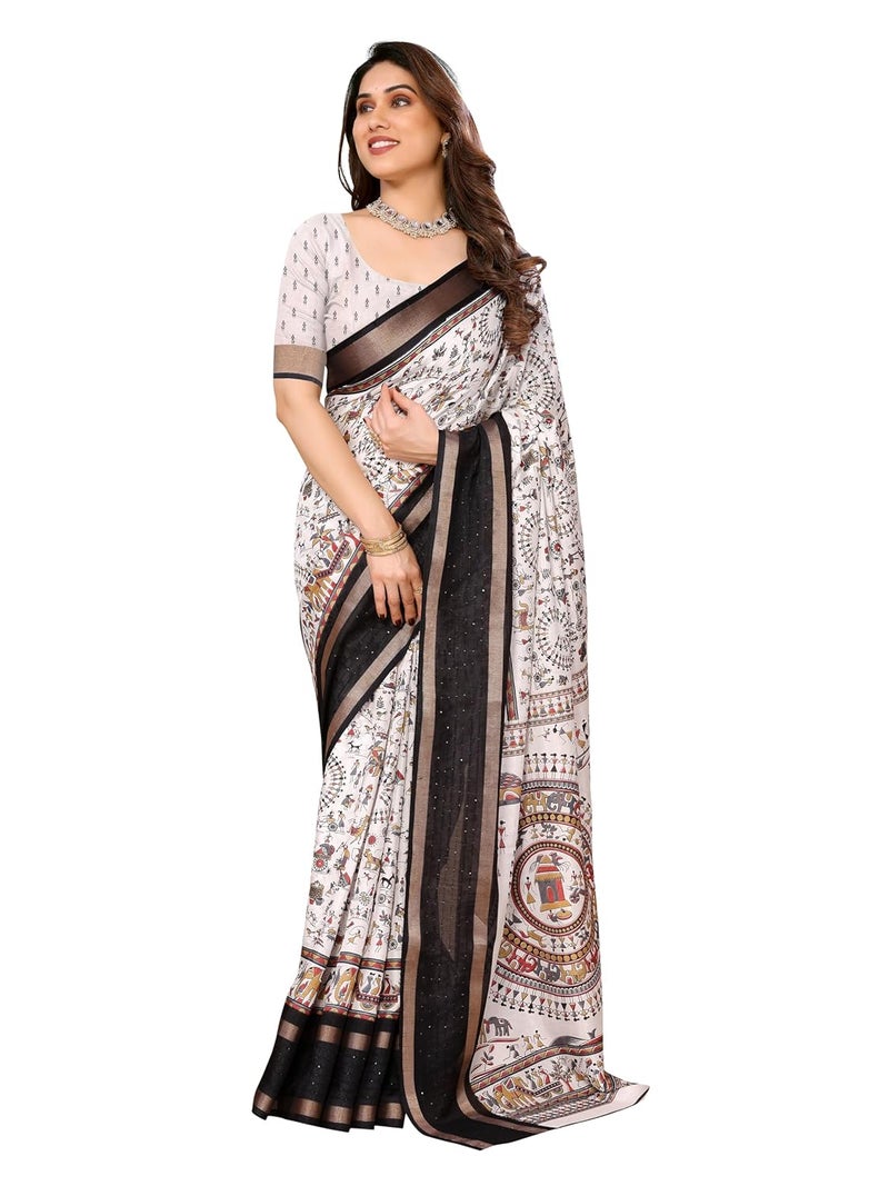 Sidhidata Women's Printed Dola Silk Sequence Border Warli Art Saree with Unstitched Blouse Piece - Image 1