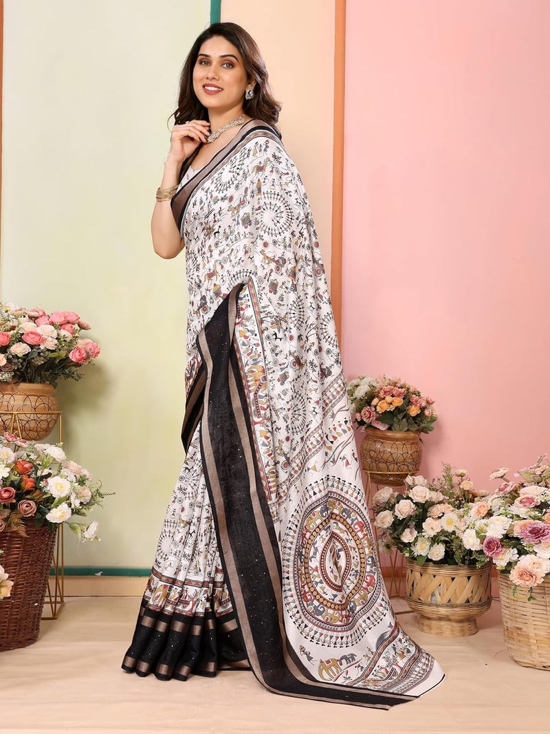 Sidhidata Women's Printed Dola Silk Sequence Border Warli Art Saree with Unstitched Blouse Piece - Image 5