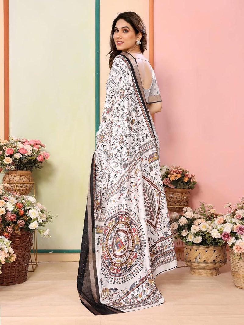 Sidhidata Women's Printed Dola Silk Sequence Border Warli Art Saree with Unstitched Blouse Piece - Image 3