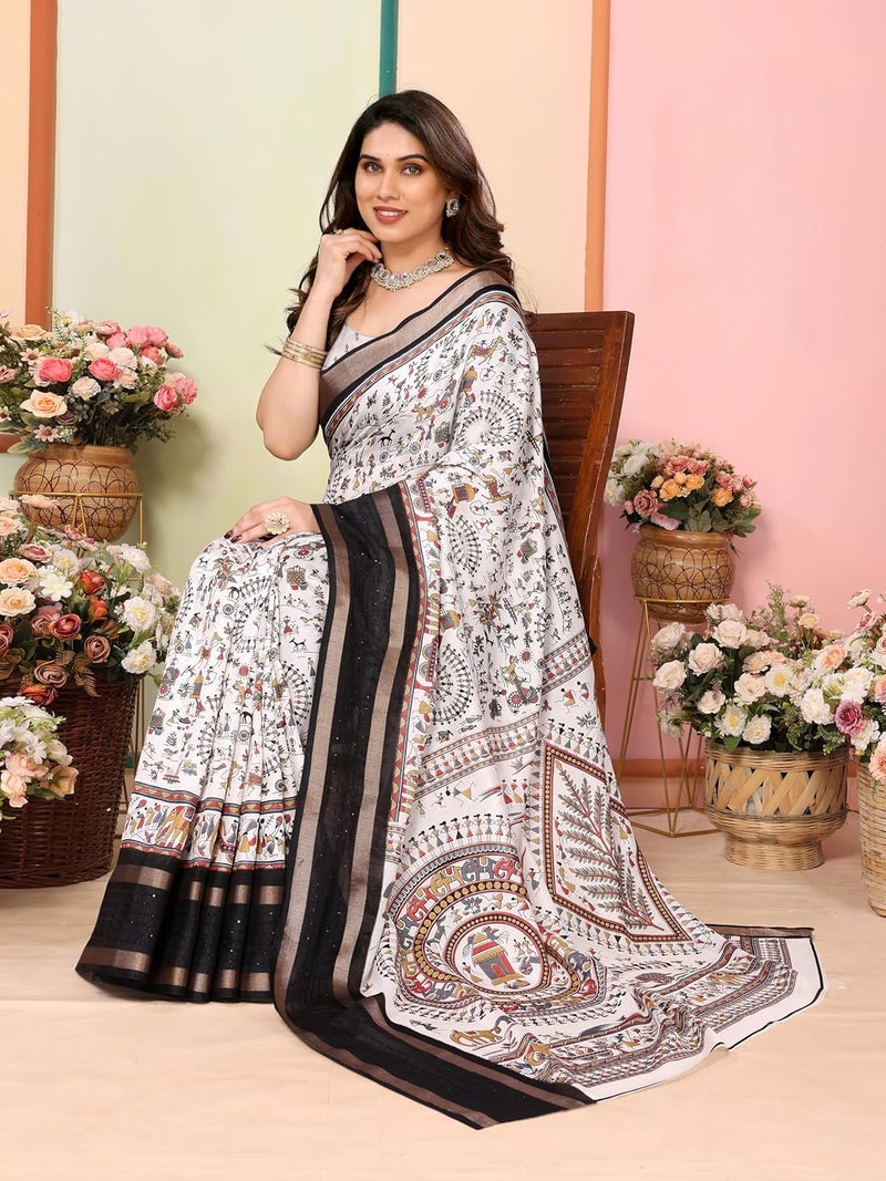 Sidhidata Women's Printed Dola Silk Sequence Border Warli Art Saree with Unstitched Blouse Piece - Image 2