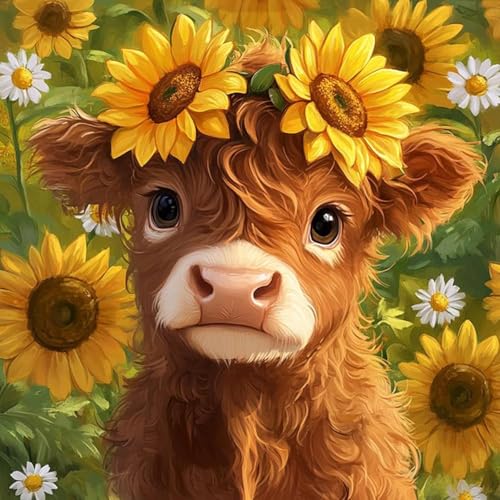 Paintcolor Cow Flowers Stamped Cross Stitch Kits Needlepoint Counted Cross Stitch Kits for Beginners Adults Daisy Sunflower Pattern Crossstitching Dimensions Embroidery Kits Arts and Crafts - Image 1