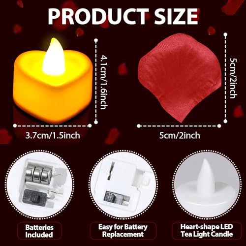 Flasoo Rose Petals and Candles Set for Romantic Decoration, 3000 Pcs Red Rose Petals and 36 Pcs Heart Candle Lights for Special Night, Wedding, Anniversary, Valentine Day for Hotel and Bedroom Decor - Image 4