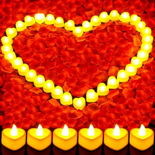 Flasoo Rose Petals and Candles Set for Romantic Decoration, 3000 Pcs Red Rose Petals and 36 Pcs Heart Candle Lights for Special Night, Wedding, Anniversary, Valentine Day for Hotel and Bedroom Decor - Image 1