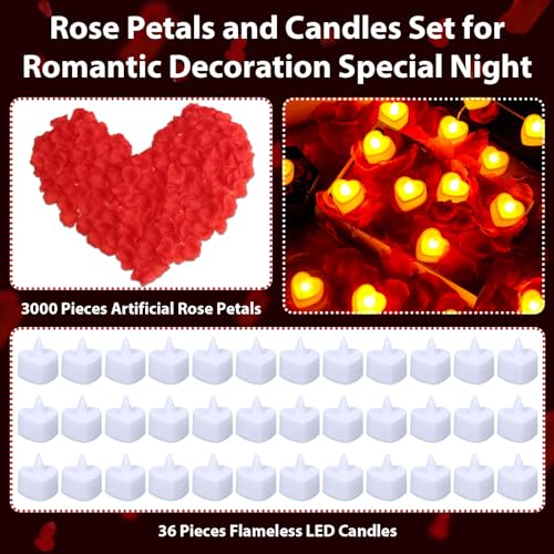 Flasoo Rose Petals and Candles Set for Romantic Decoration, 3000 Pcs Red Rose Petals and 36 Pcs Heart Candle Lights for Special Night, Wedding, Anniversary, Valentine Day for Hotel and Bedroom Decor - Image 3