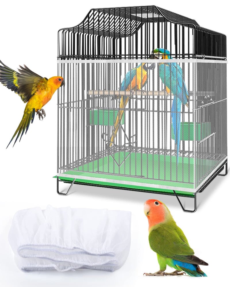 Bissap Bird Cage Seed Catcher Universal Birdcage Net Nylon Adjustable Elastic Band Stretchy Skirts Mesh Cover for Parrot Cage Seed Guard Not Include Birdcage White