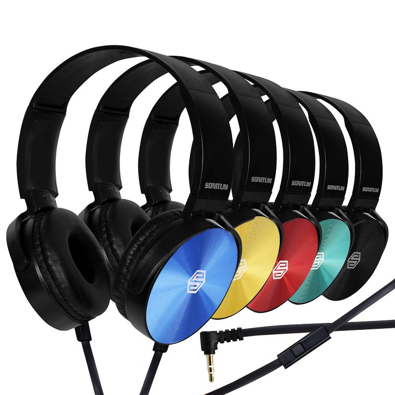 Sonitum Premium Classroom Headphone with Microphone (5 Pack) - Kids Wired Earphones with Mic for School Students K-12 & Teachers, Soft Swivel On Ear Pads- Perfect for E-Learning, Meetings, Calls -(Colorful) - Image 1