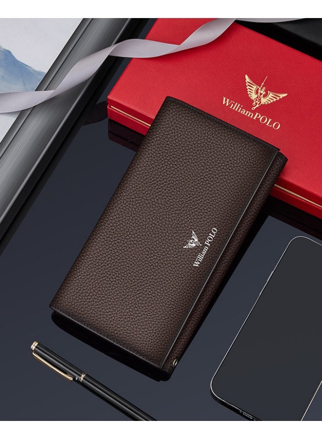 ويليامبولو محفظة جلدية طويلة للرجال WilliamPolo مع ثلاثة أضعاف متعددة الوظائف طبقة رأس جلد محفظة الأعمال العادية - Image 3