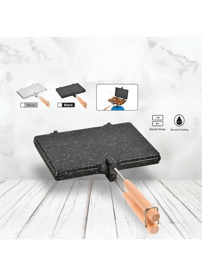 Tradeo Double Sided Non-Stick Grill Pan, Multipurpose Flip Cooking Pan with Wooden Handle - Image 2