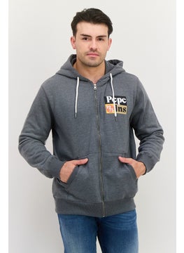 Men Hooded Brand Logo Long Sleeve Sweatshirt, Grey