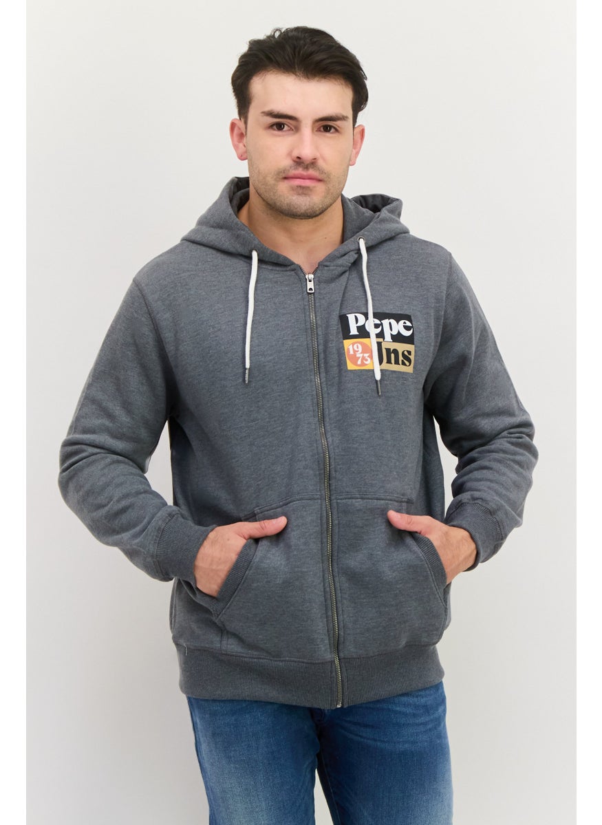 Pepe Jeans Men Hooded Brand Logo Long Sleeve Sweatshirt, Grey  - Image 1