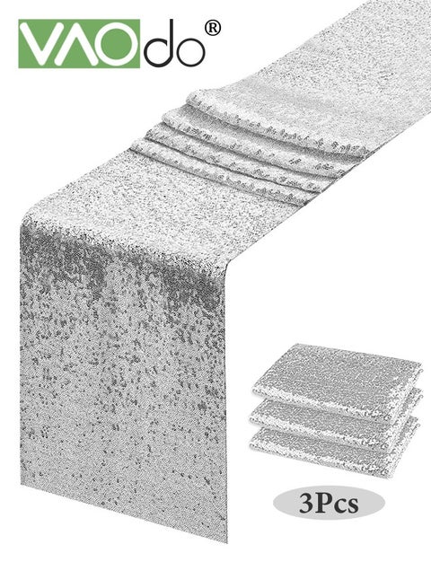 3 Packs Silver Sequin Table Runner, Home Decor Table Cloth, Glitter Runner for Birthday Party Supplies Decorations Wedding Bachelorette Holiday Celebration Bridal Shower Baby Shower Grey
