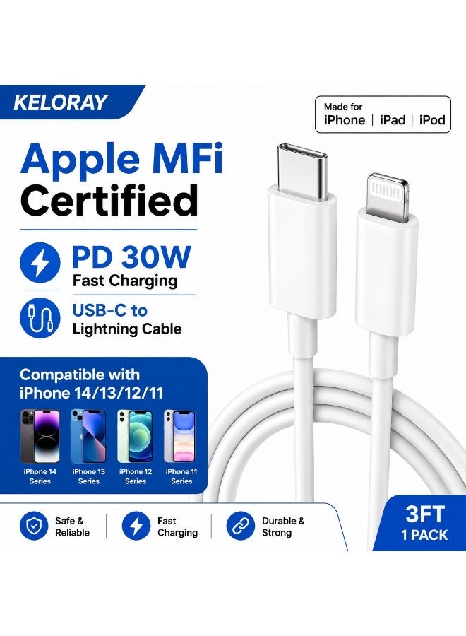keloray USB C to Lightning Cable 3FT 1 Pack [Apple MFi Certified], Power PD 30W Delivery iPhone Cables Type C iPhone Charger Cord Fast Charging Compatible iPhone 14 13 12 11 Pro Max X XS XR 8 7 6s Plus SE - Image 1