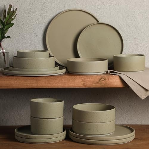 Gibson Elite Tatum Premium Porcelain Matte Reactive Glaze 16-Piece (Service for 4) Plates and Bolws Stackable Dishes Ceramic Dinnerware - Green - Image 3
