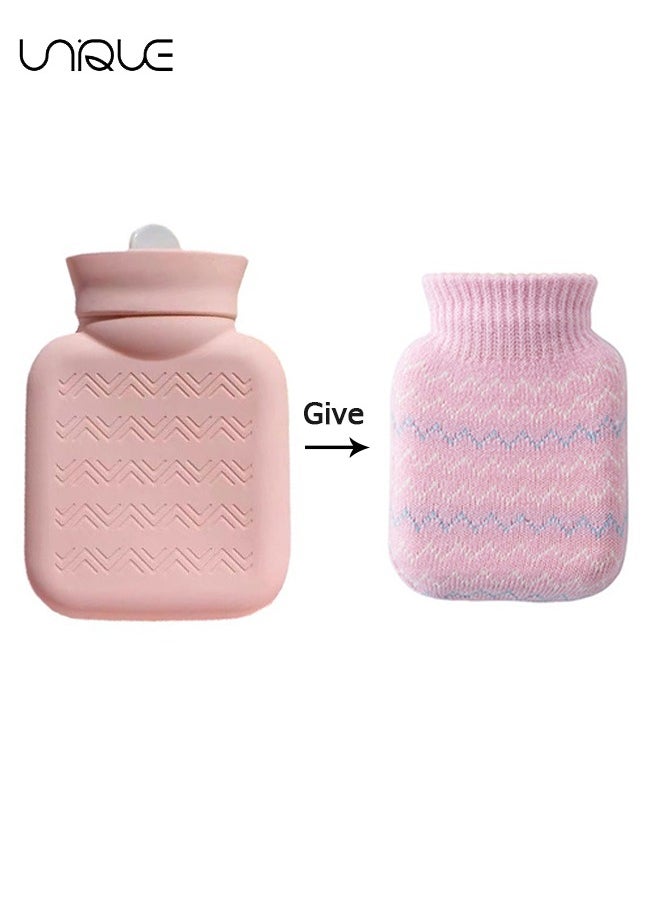 Unique 320ml Hot Water Bottle with Knited Cover, Mini Hot Water Bag for Pain Relief, Waist, Back, Neck, Shoulders, Small Leak Proof Hot Water Bottle with Removable Cover for Women, Kids, Best Gifts(Pink)  - Image 1