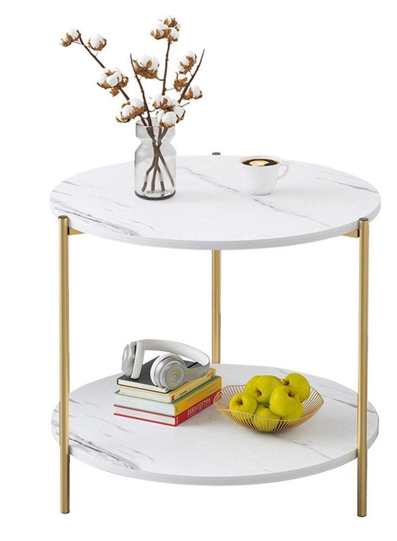 Modern Wooden Coffee Table Marble Texture Two Layers Round Living Room Sofa Side Table - Image 1