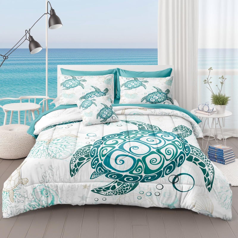 MOVE OVER MOVE OVER Sea Turtle Comforter Set Twin Size 6 Pcs Bed in a Bag Ocean Beach Themed Bedding Set 100 Soft Microfiber Tropical Style Sea Turtle Printed Design Beachy Bedding Set for Summer