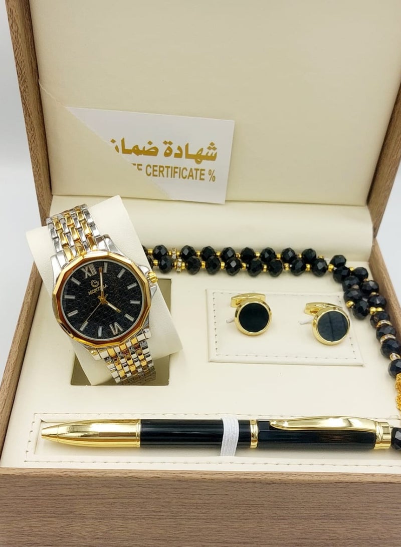 مونتيرا طقم رجالي مكون من ٤ قطع ساعة وقلم وكبك وسبحه