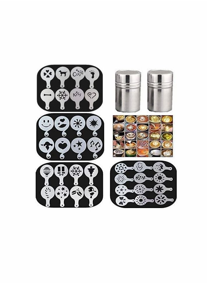 KASTWAVE 36Pcs Coffee Decorating Stencils, and 2 Stainless Steel Mesh Powder Shaker, Foam Latte Art, Reusable Stencil Painting Mold Tools, for Dessert Coffee Decorating Cappuccino Mousse Hot Chocolate  - Image 1