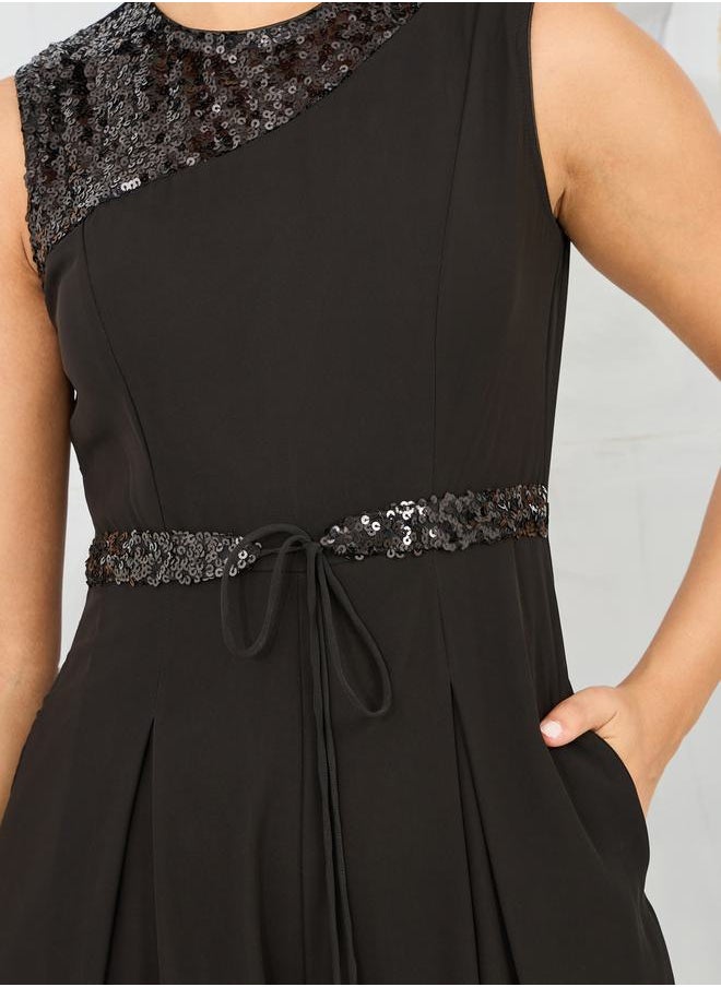 Styli - Sequin Detail Box Pleat Wide Leg Jumpsuit with Self Tie Up - Image 1