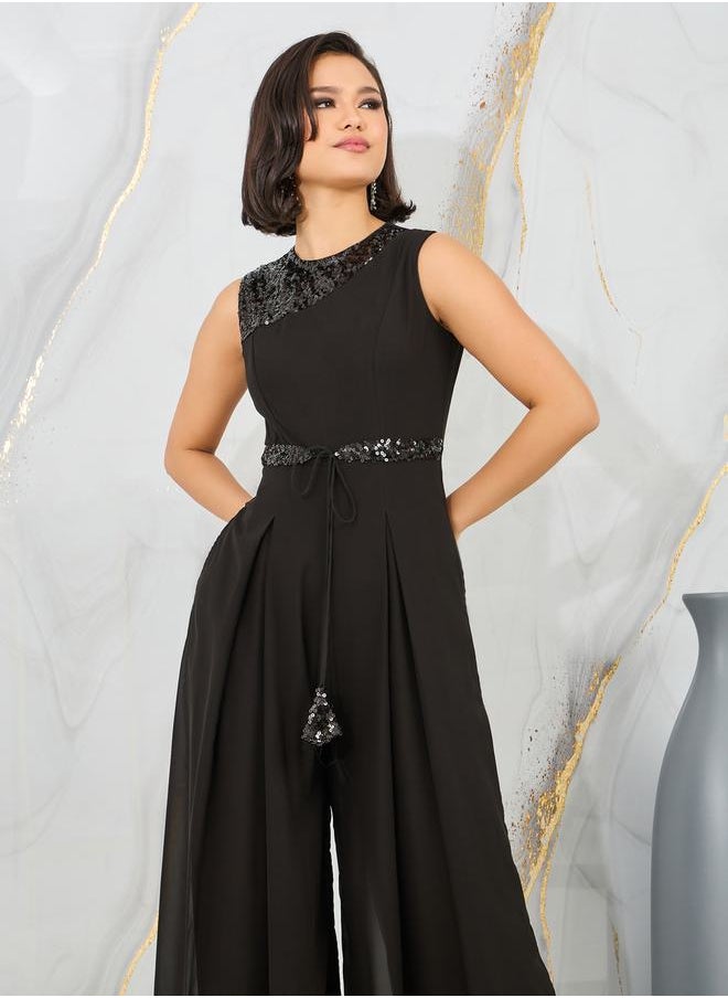 Styli - Sequin Detail Box Pleat Wide Leg Jumpsuit with Self Tie Up - Image 1