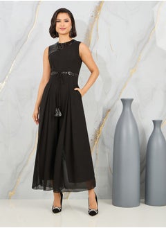 Sequin Detail Box Pleat Wide Leg Jumpsuit with Self Tie Up
