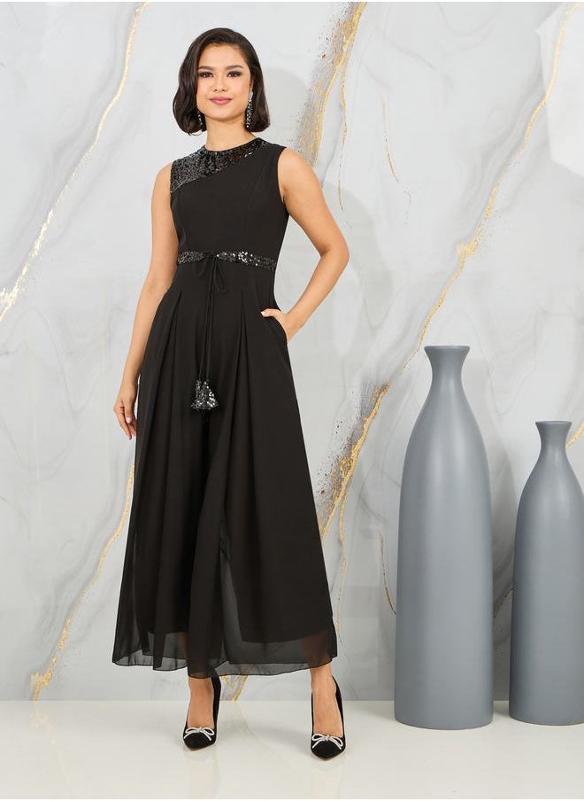 Styli - Sequin Detail Box Pleat Wide Leg Jumpsuit with Self Tie Up - Image 1