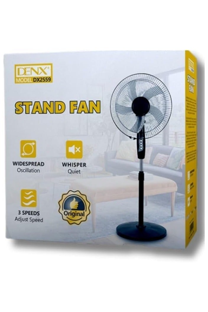 Denx 16 inch stand fan, 90 degree angle, 3 speeds, adjustable height settings up to 138 cm, 5AS blade for optimal heat for home and office, (Black) DX2559 - Image 4