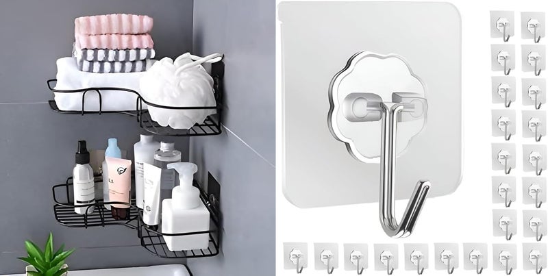 WallMounted SelfAdhesive Stainless Steel Bathroom Corner Shelf Pack of 2 Stainless Steel Adhesive Hooks 15 Pack Durable Kitchen Wall Hooks