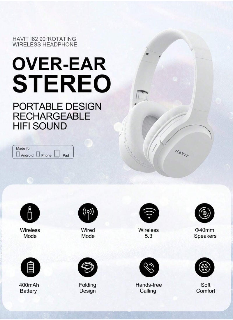 havit Wireless Bluetooth Headphones Over-Ear, Noise-Isolating Headset with Deep Bass, 40mm Drivers, Bluetooth 5.3, SD Card Slot & FM Radio, AUX Input, Foldable Design, Adjustable Headband, Built-in Mic, 17H Long Battery Life, Hands-Free Calls, Comfortable for Music, Gaming, Travel, Sports, Office Use, Compatible with Android & iOS Devices (White)  - Image 2