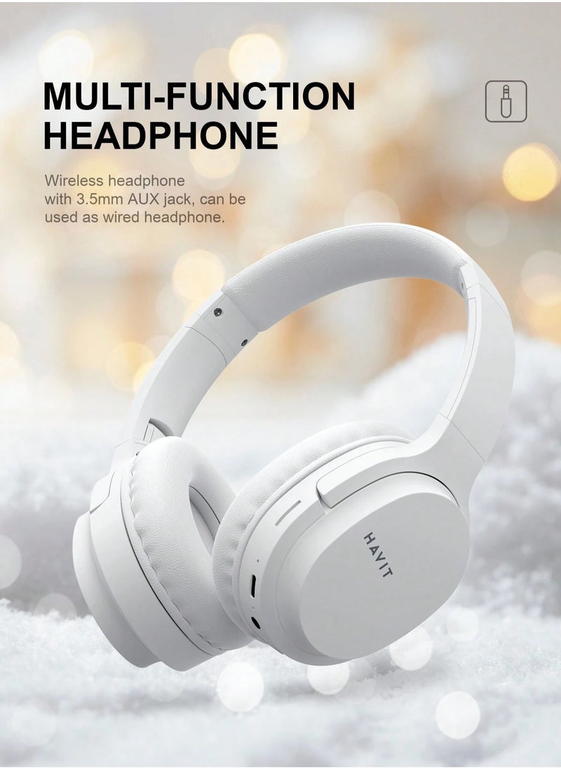 havit Wireless Bluetooth Headphones Over-Ear, Noise-Isolating Headset with Deep Bass, 40mm Drivers, Bluetooth 5.3, SD Card Slot & FM Radio, AUX Input, Foldable Design, Adjustable Headband, Built-in Mic, 17H Long Battery Life, Hands-Free Calls, Comfortable for Music, Gaming, Travel, Sports, Office Use, Compatible with Android & iOS Devices (White)  - Image 3