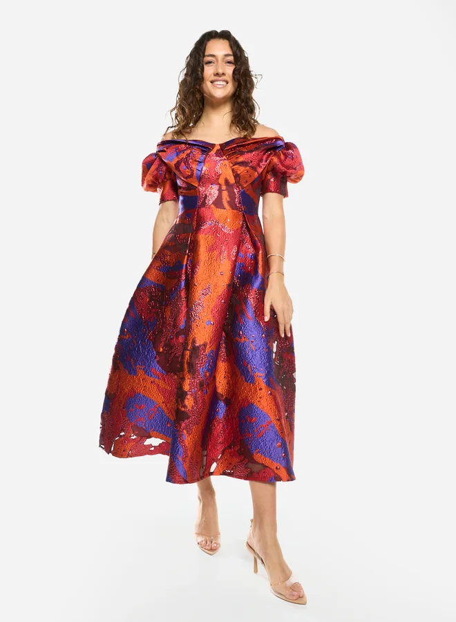 House of Moda Abstract Texture Off-Shoulder Flare Midi Dress