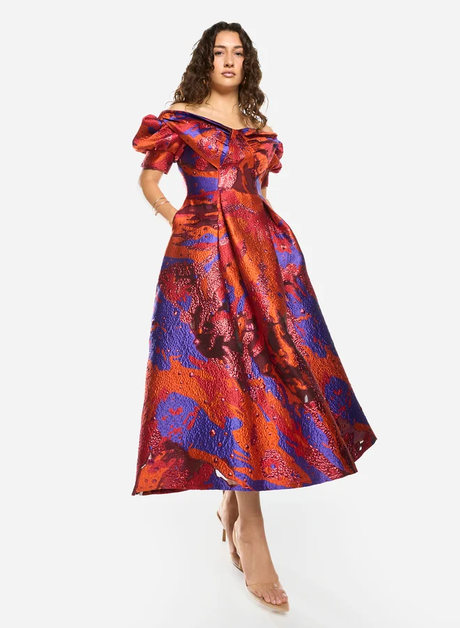 House of Moda Abstract Texture Off-Shoulder Flare Midi Dress