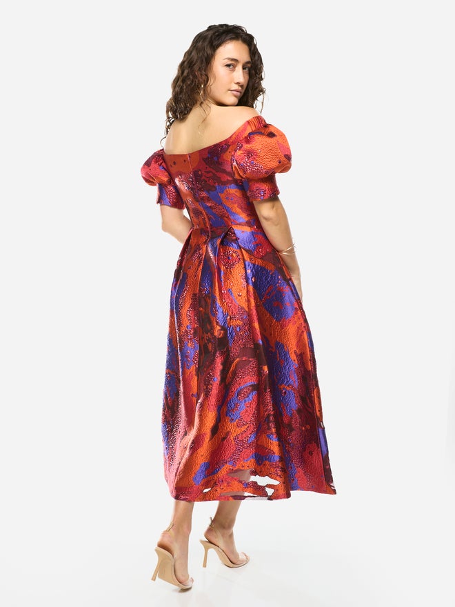 House of Moda Abstract Texture Off-Shoulder Flare Midi Dress - Image 5
