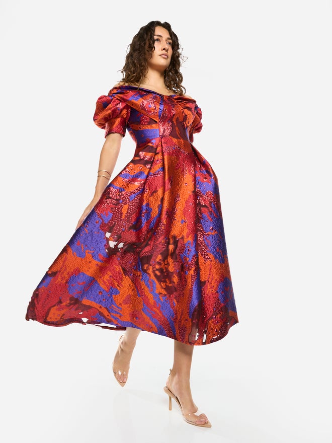 House of Moda Abstract Texture Off-Shoulder Flare Midi Dress - Image 3