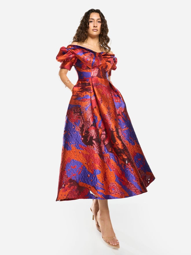 House of Moda Abstract Texture Off-Shoulder Flare Midi Dress - Image 1
