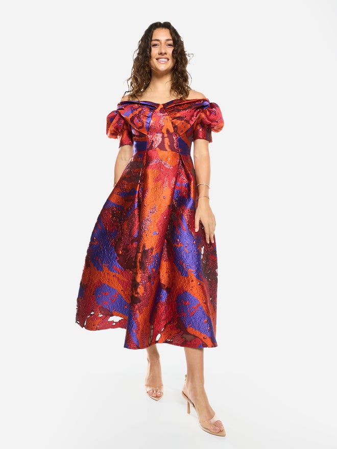 House of Moda Abstract Texture Off-Shoulder Flare Midi Dress - Image 2